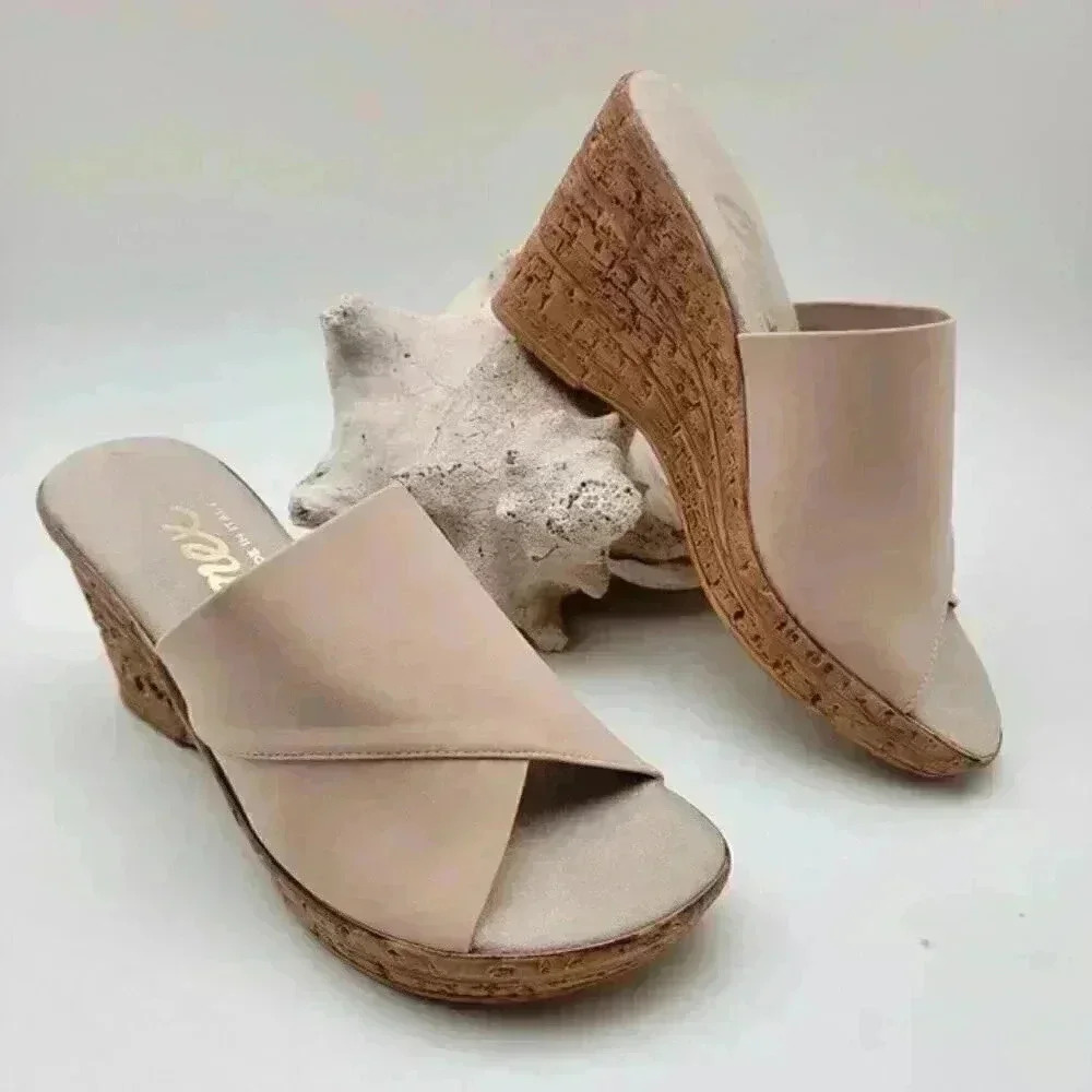 Onex Christina Italian Blush/Champagne Elastic on Cork Wedge Sandal Size 10